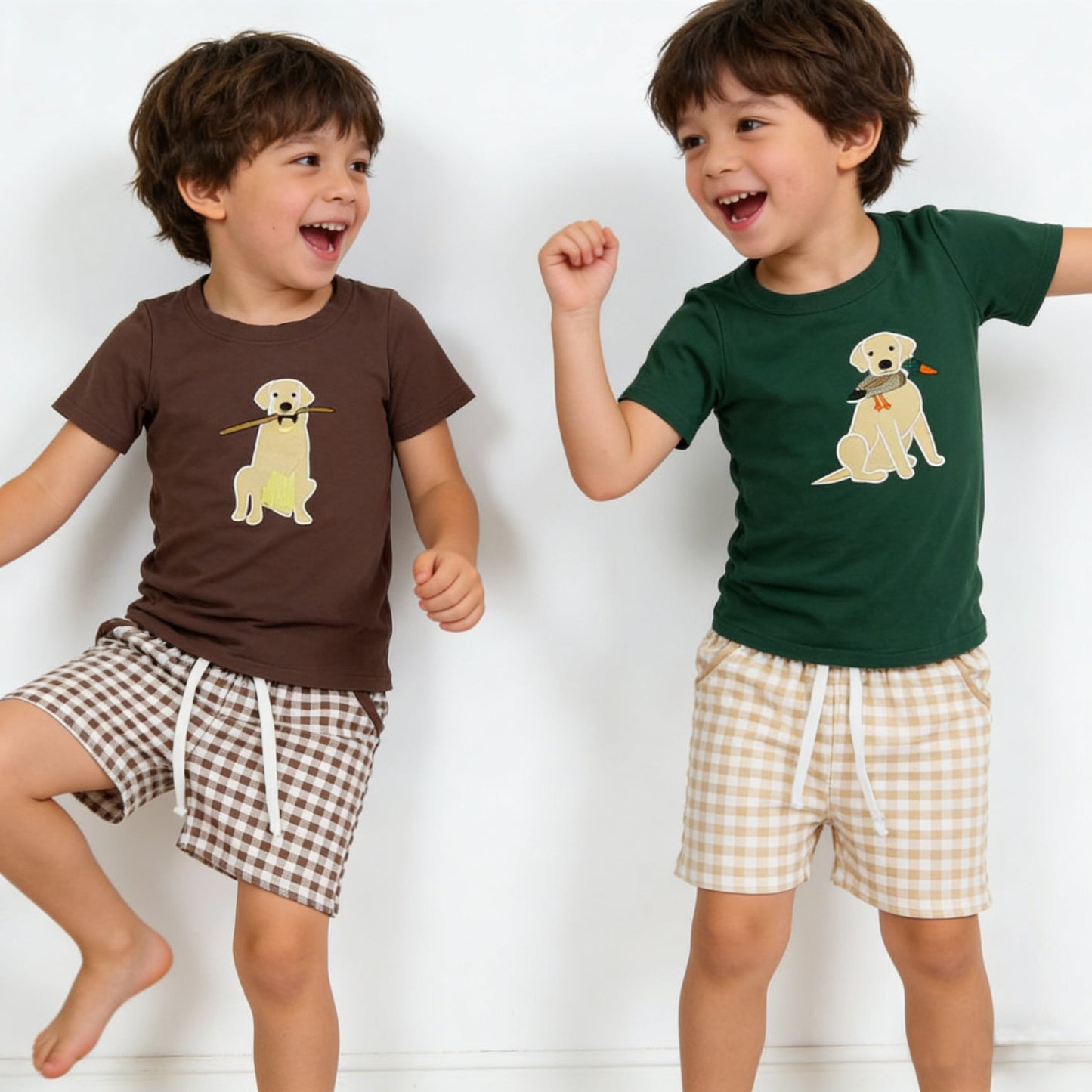 Sibling Baby Boys Embroidery Dog Ducks Top Checked Pockets Short Hunting Clothes Sets