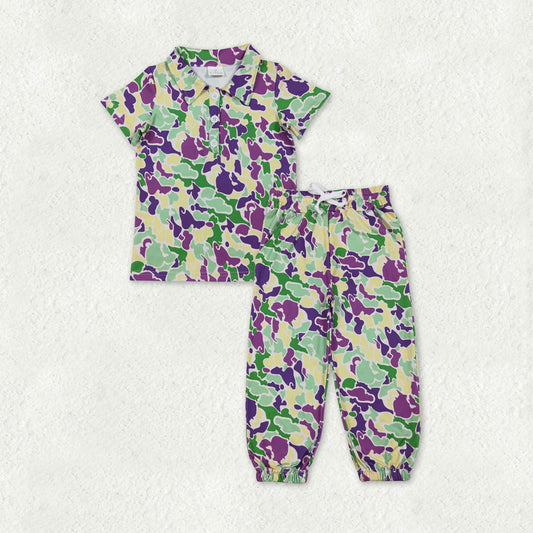 Baby Boys Mardigras Camo Button Polo Shirts Pockets Jogger Pants Clothes Sets