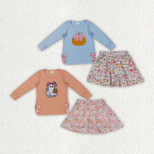 Sibling Embroidery Bows Ghosts Pumpkins Baby Girls Shirts Top Flowers Leopard Skorts Fall Clothes Sets