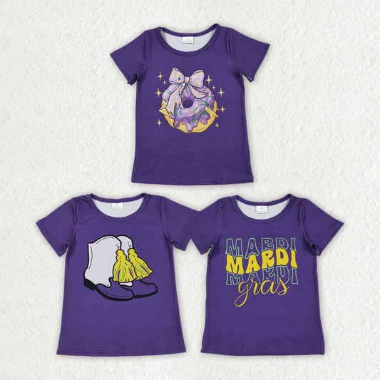 Sibling Baby Girls Purple Short Sleeve Bow Donuts Boots Tassel Mardigras T-shirts Tops