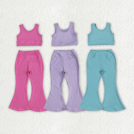 Sibling 3 Colors Baby Girls Yoga Vest Bell Bottom Pants Active Wear Outfits