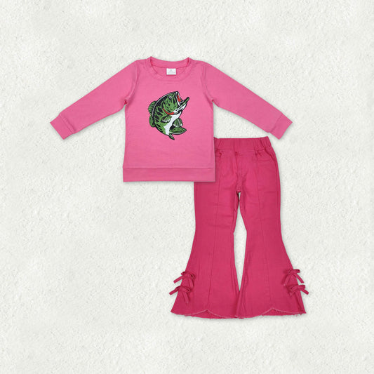 Baby Girls Pink Long Sleeve Fishing Top Denim Bell Bottom Pants Hunting Clothes Sets