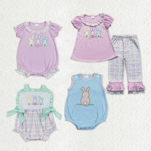 Sibling Baby Kids Embroidery Rabbits Ruffle Pants Easter Clothes Set Rompers