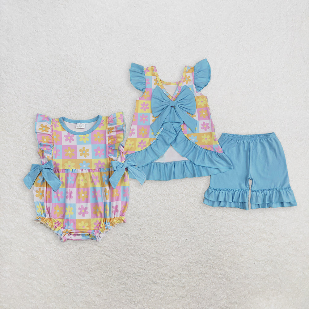 Sibling Baby Girls Blue Flutter Sleeves Flowers Plaid Tunic Ruffle Shorts Sets Rompers