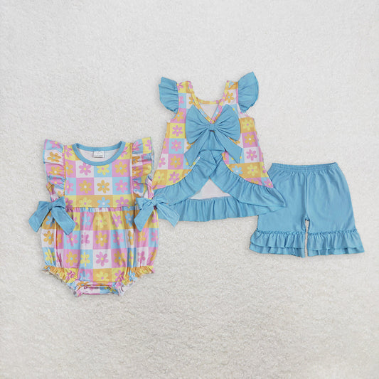 Sibling Baby Girls Blue Flutter Sleeves Flowers Plaid Tunic Ruffle Shorts Sets Rompers