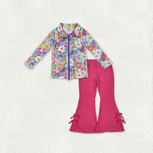 Baby Girls Yoga Floral Zipper Pockets Jacket Denim Bell Bottom Pants Clothes Sets