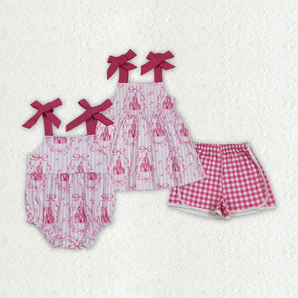 Sibling Baby Girls Pink Straps Castles Bows Checked Shorts Clothes Sets Romper