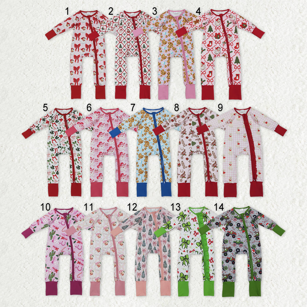 Sibling Baby Kids Holly Bows Santa Christmas Two Way Zip Convertible Rompers