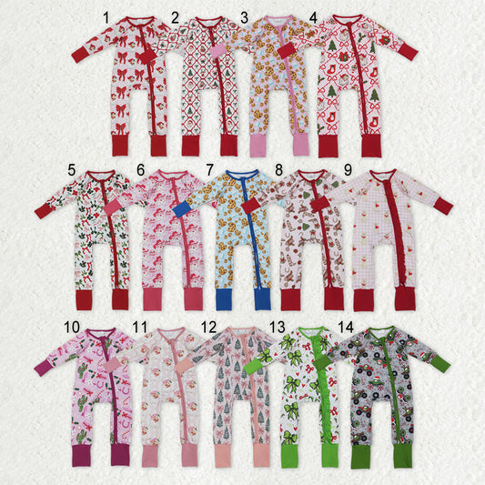 Sibling Baby Kids Holly Bows Santa Christmas Two Way Zip Convertible Rompers