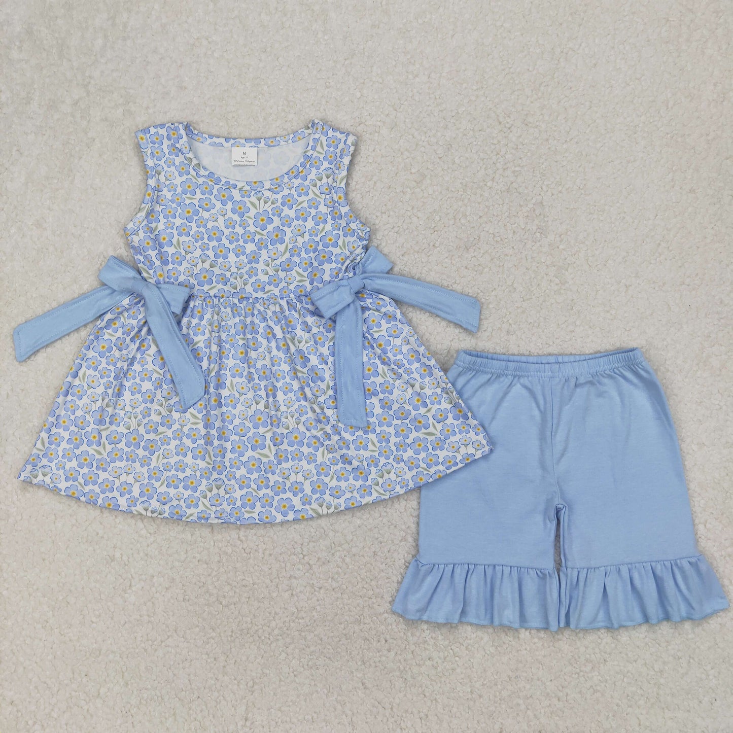 Sibling Baby Girls Blue Flowers Bows Tunic Ruffle Shorts Clothes Sets Rompers