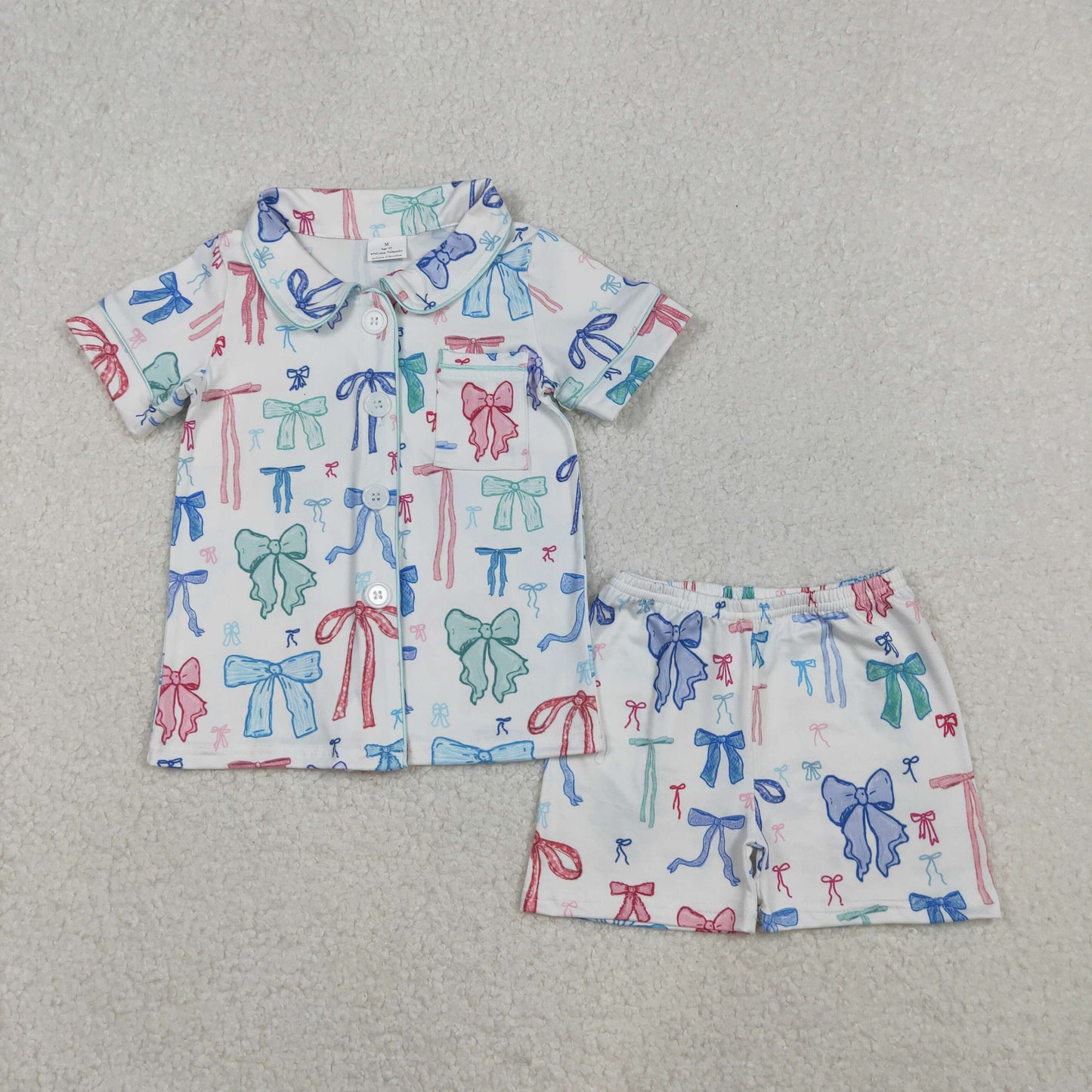 Mama and Me Colorful Bows Pocket Button Top Shorts Pajamas Sets