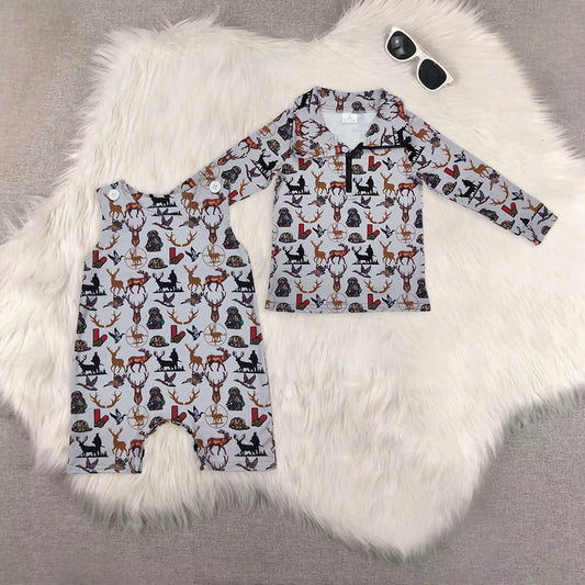 Sibling Baby Boys Dog Deer Camo Long Sleeve Zip Pullovers Tops Rompers
