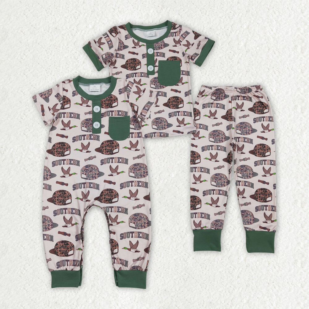 Sibling Baby Boys Camo Hats Ducks Top Pants Southern Pajamas Set Zipper Rompers