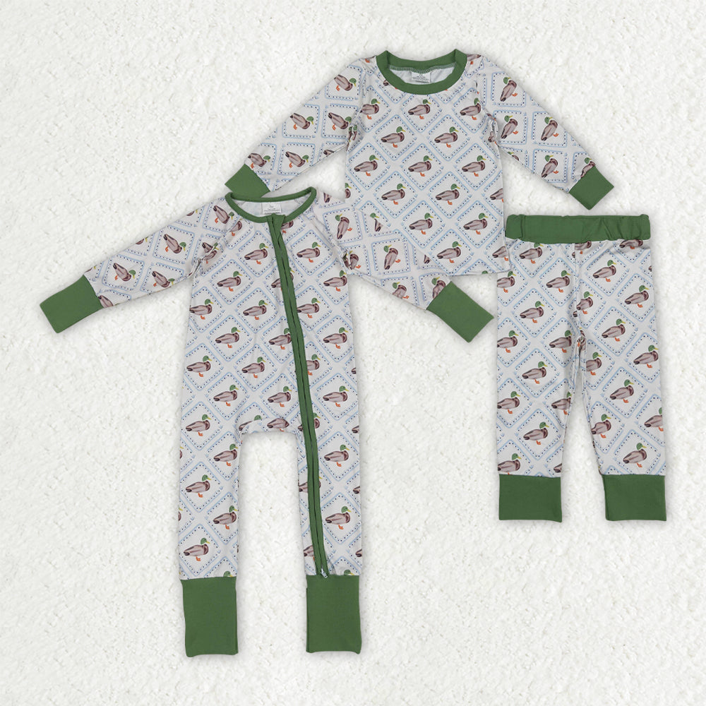 Sibling Baby Boys Long Sleeves Ducks Plaid Top Pant Set Zipper Rompers