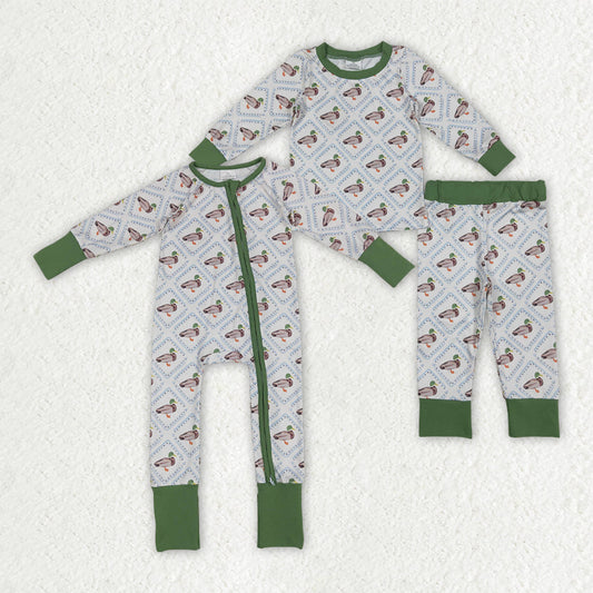 Sibling Baby Boys Long Sleeves Ducks Plaid Top Pant Set Zipper Rompers