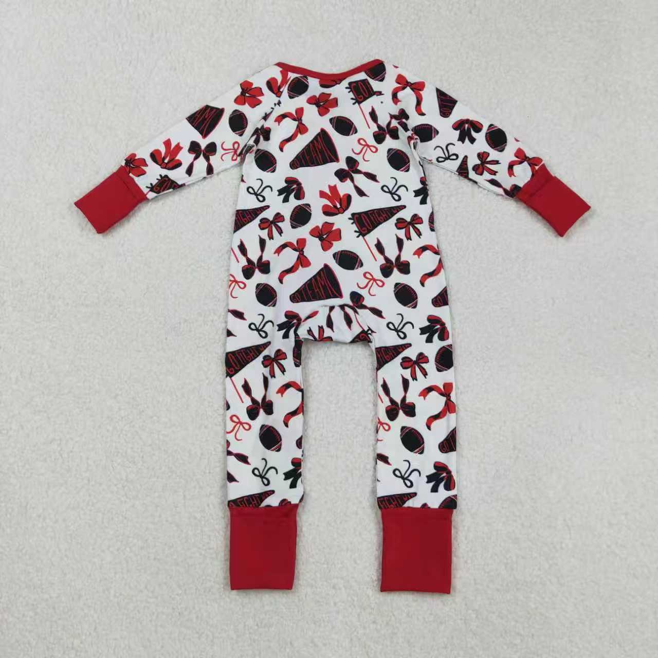 Sibling Baby Girls Long Sleeves Bows Footballs Go Team Ruffle Zipper Footie Rompers