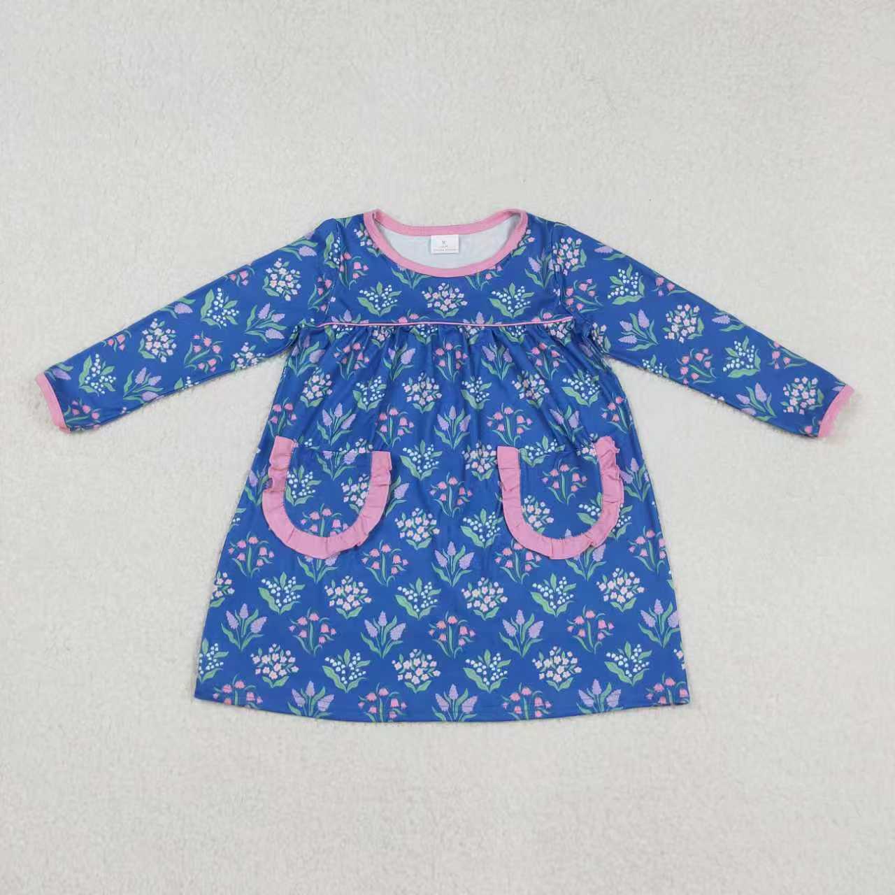 Sibling Baby Girls Pink Shirts Blue Floral Pockets Skorts Clothes Set Knee Length Dresses