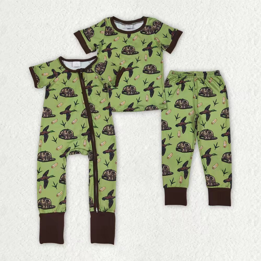 Sibling Baby Boys Camo Hats Ducks Pants Hunting Pajamas Set Zipper Rompers