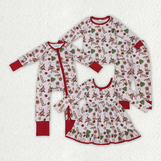 Sibling Baby Girls Boots Holly Trees Christmas Knee Length Dress Zipper Rompers Pajamas Sets