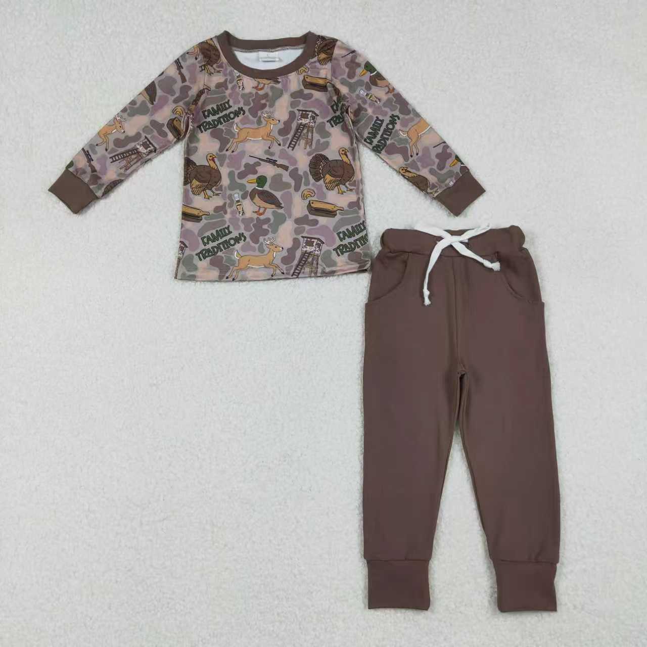 Sibling Baby Boys Brown Turkey Ducks Camo Top Pockets Pant Hunting Clothes Sets Rompers