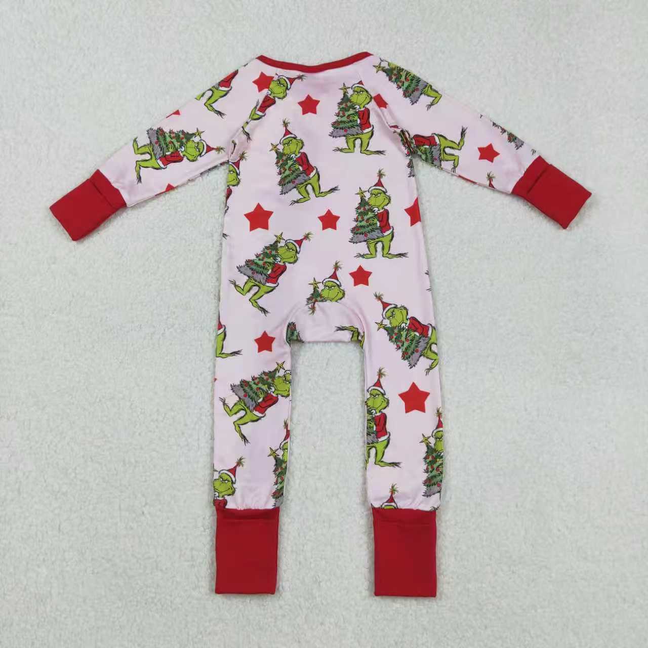 Sibling Baby Girls Christmas Green Face Stars Pajamas Set Zipper Footie Romper Knee Length Dresses
