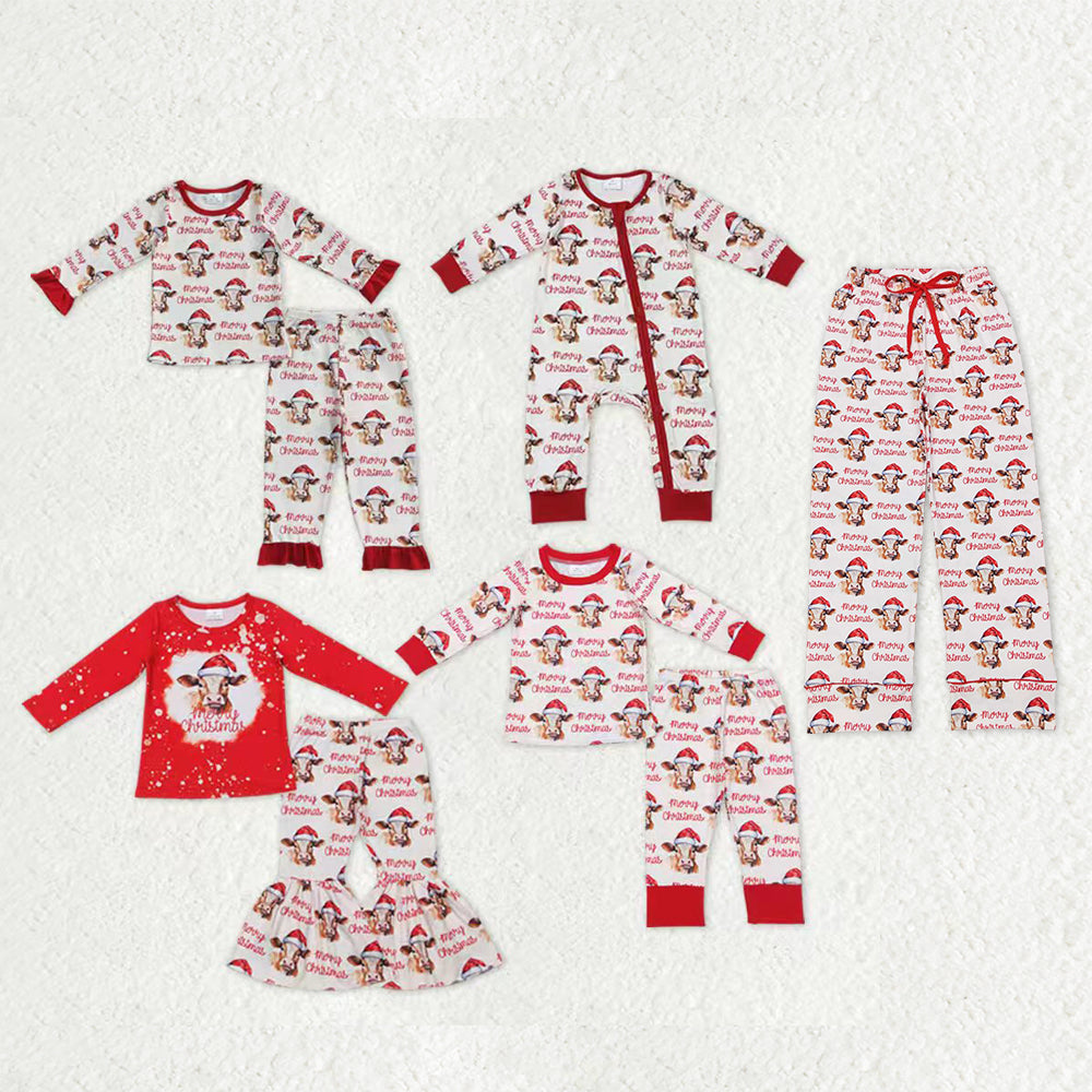 Family Sibling Merry Christmas Hats Cows Farm Pant Pajamas Clothes Sets Rompers Women Pants
