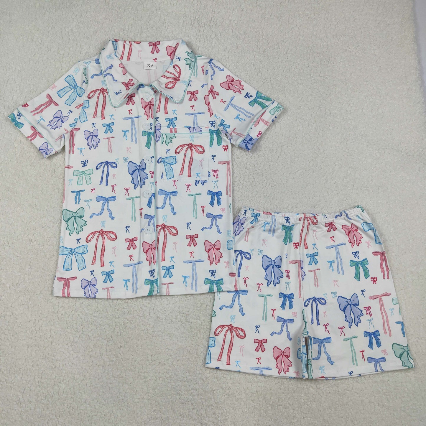 Mama and Me Colorful Bows Pocket Button Top Shorts Pajamas Sets