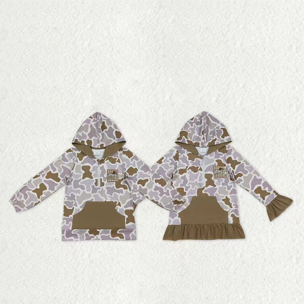 Sibling Baby Boys Girls Embroidery Dog Duck Camo Pocket Zipper Hunting Hoodies Top