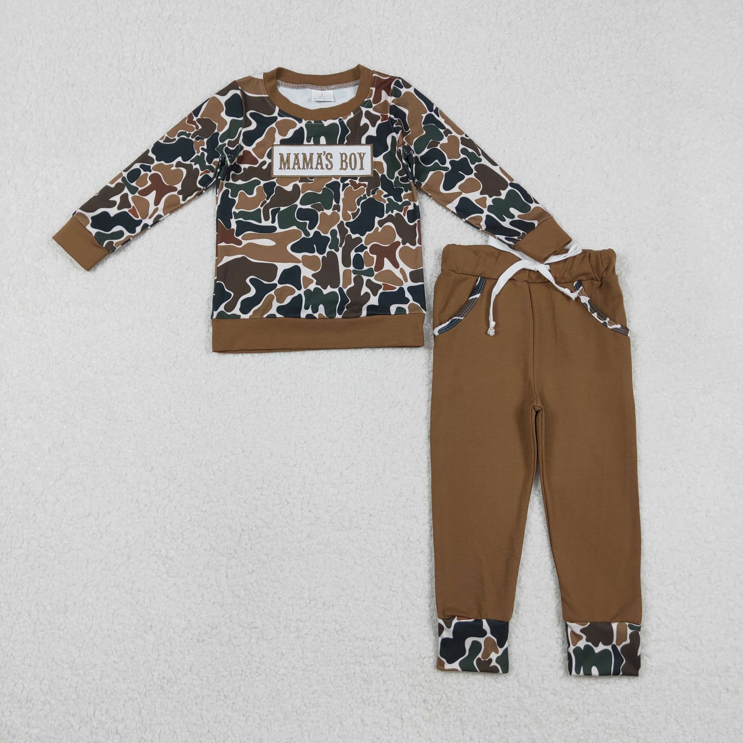 Sibling Baby Boys Embroidery Mama's Boy Brown Camo Pockets Pants Clothes Sets Hoodie Romper