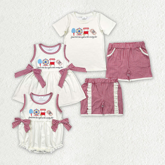 Sibling Baby Kids Ice Cream Store Top Red Plaid Pockets Shorts Sets Rompers