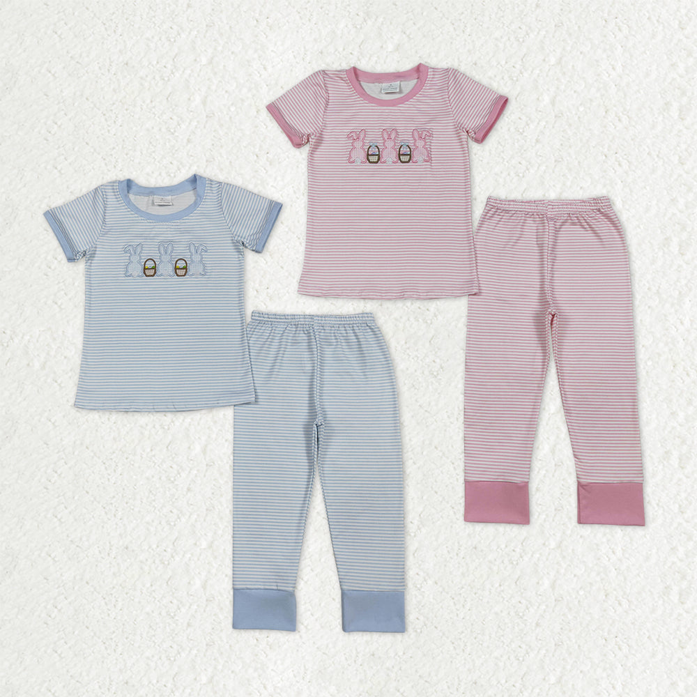 Sibling Baby Kids Embroidery Rabbits Eggs Stripe Top Pants Easter Pajamas Sets