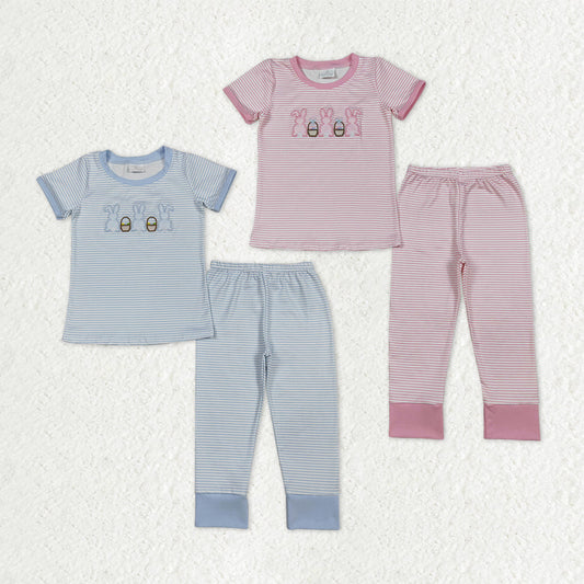 Sibling Baby Kids Embroidery Rabbits Eggs Stripe Top Pants Easter Pajamas Sets