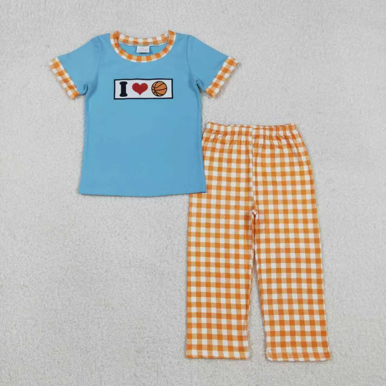 Sibling Baby Boys Embroidery I Love Basketballs Top Checked Pants Team Clothes Set Footie Rompers