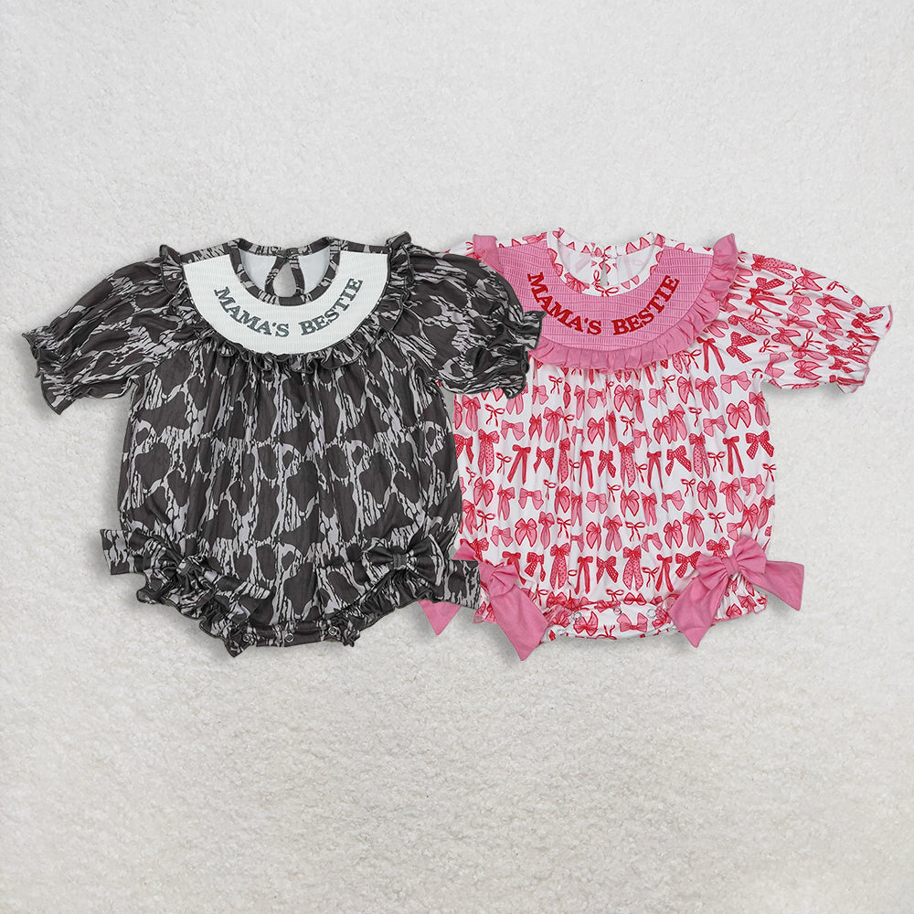 Sibling Baby Girls Smocked Mama's Bestie Camo Bows Ruffle Rompers