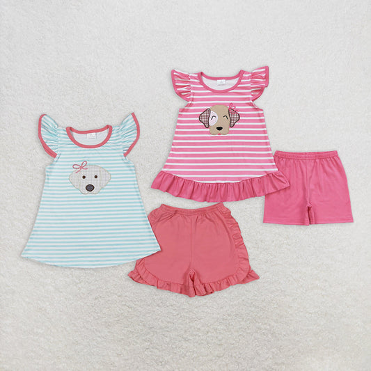 Sibling Baby Girls Stripes Bows Dog Tunic Top Ruffle Shorts Clothes Sets