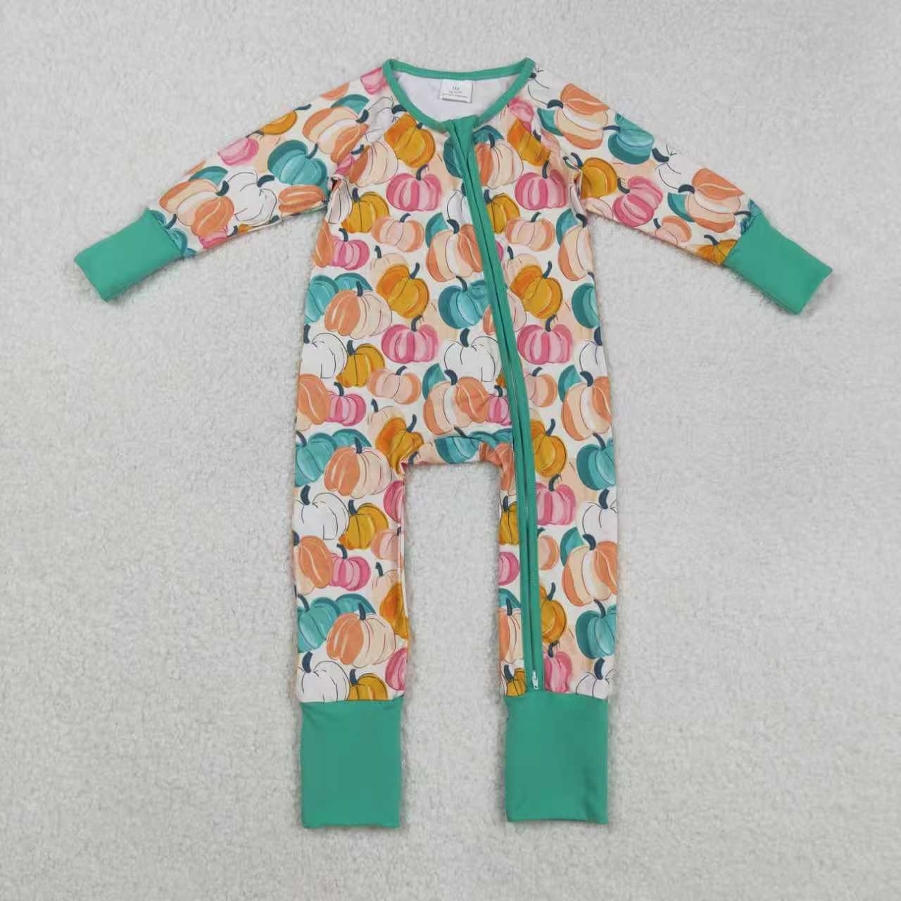 Sibling Baby Girls Green Orange Pumpkins Fall Pajamas Sets Rompers Knee Length Dresses