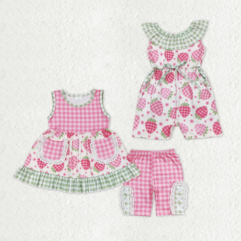 Sibling Baby Girls Pink Checked Strawberry Pockets Tunic Shorts Clothes Sets Collar Jumpsuits