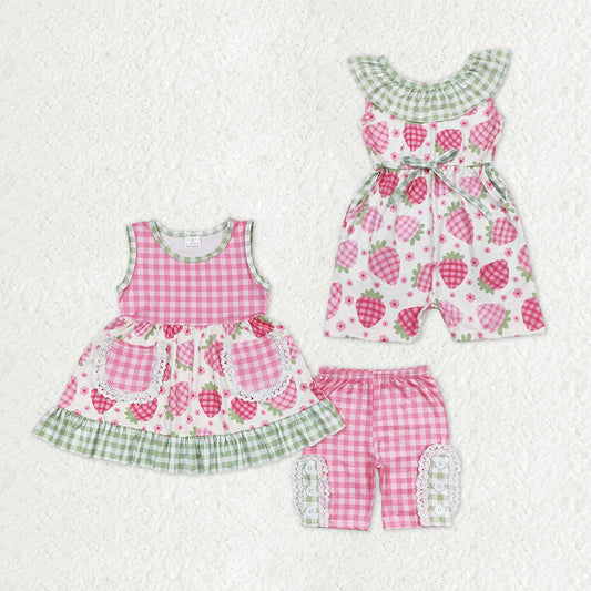Sibling Baby Girls Pink Checked Strawberry Pockets Tunic Shorts Clothes Sets Collar Jumpsuits