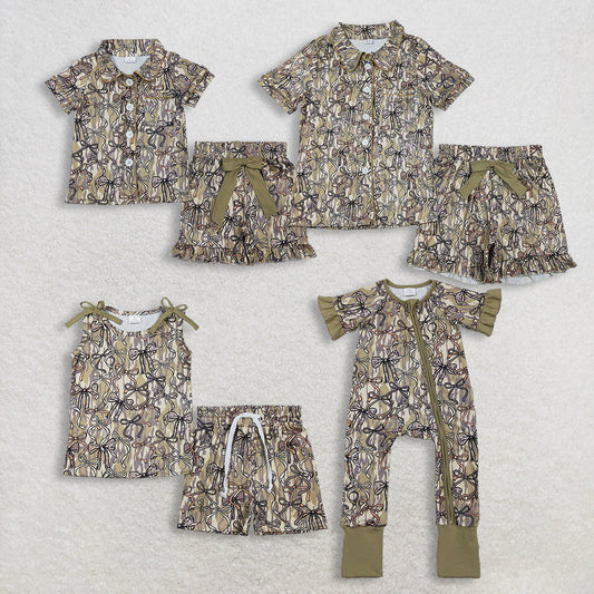 Sibling Family Adult Women Girls Olive Camo Bows Pajamas Clothes Set Zipper Rompers