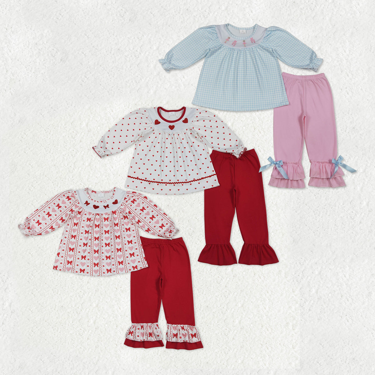 Sibling Baby Girls Embroidery Bows Hearts Tunic Ruffle Pants Valentines Clothes Sets