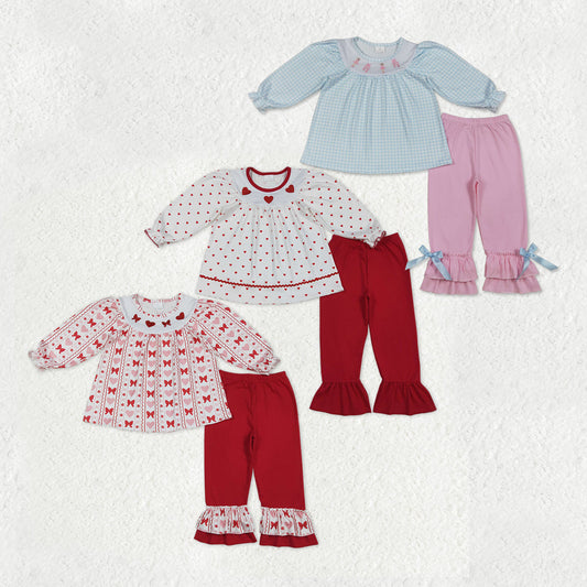 Sibling Baby Girls Embroidery Bows Hearts Tunic Ruffle Pants Valentines Clothes Sets