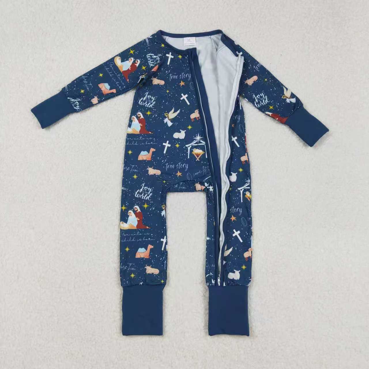 Sibling Baby Boys Navy Nativity Christmas Pajamas Sets Zipper Footie Rompers