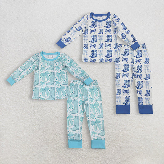 Sibling Baby Girls Long Sleeve Bows Boots Top Pants Western Pajamas Sets