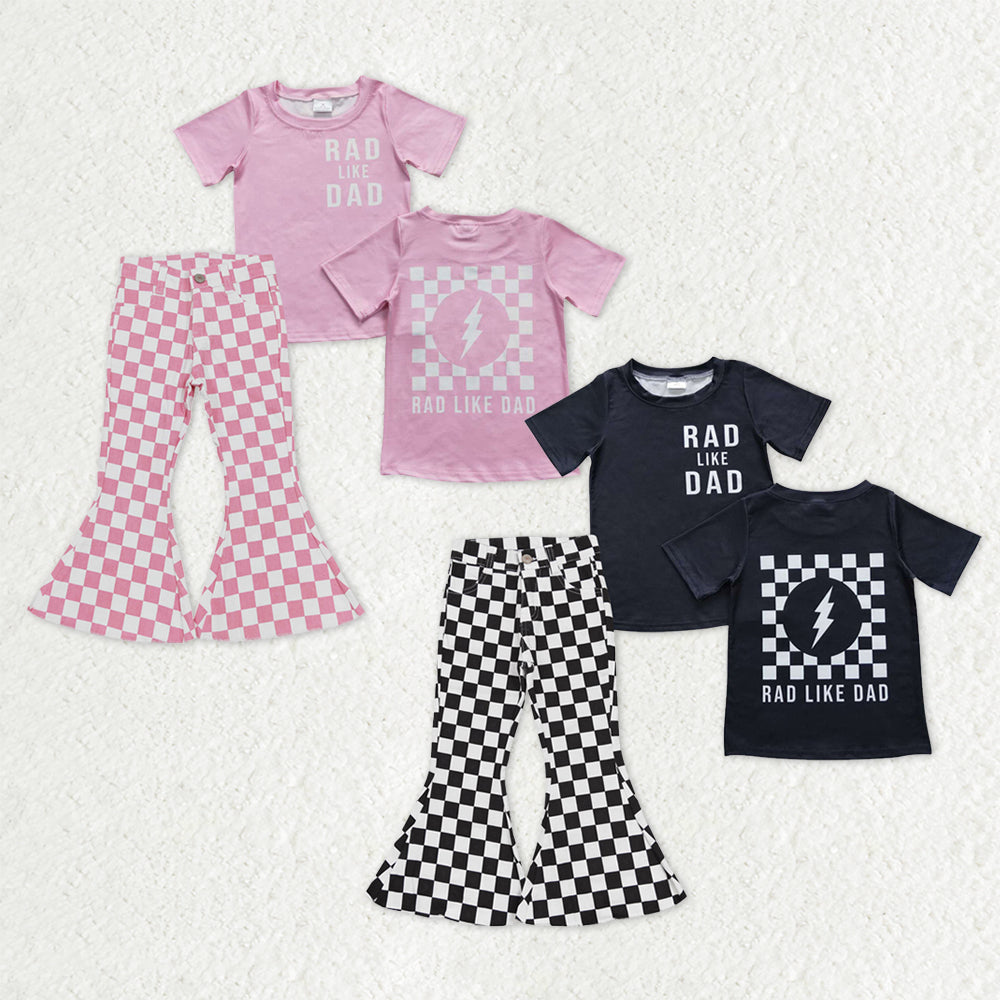 Sibling Baby Girls Rad Like Dad Back Print Top Checked Bell Bottom Denim Pants Clothes Sets