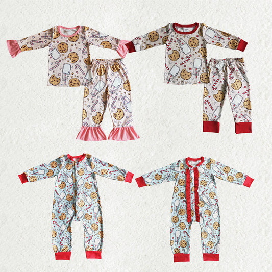 Sibling Baby Kids Cookie Milk Candy Cane Top Pants Christmas Pajamas Sets Zipper Footie Rompers
