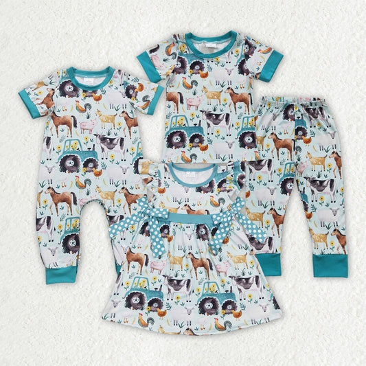 Sibling Baby Kids Short Sleeve Farm Pajamas Rompers Dresses