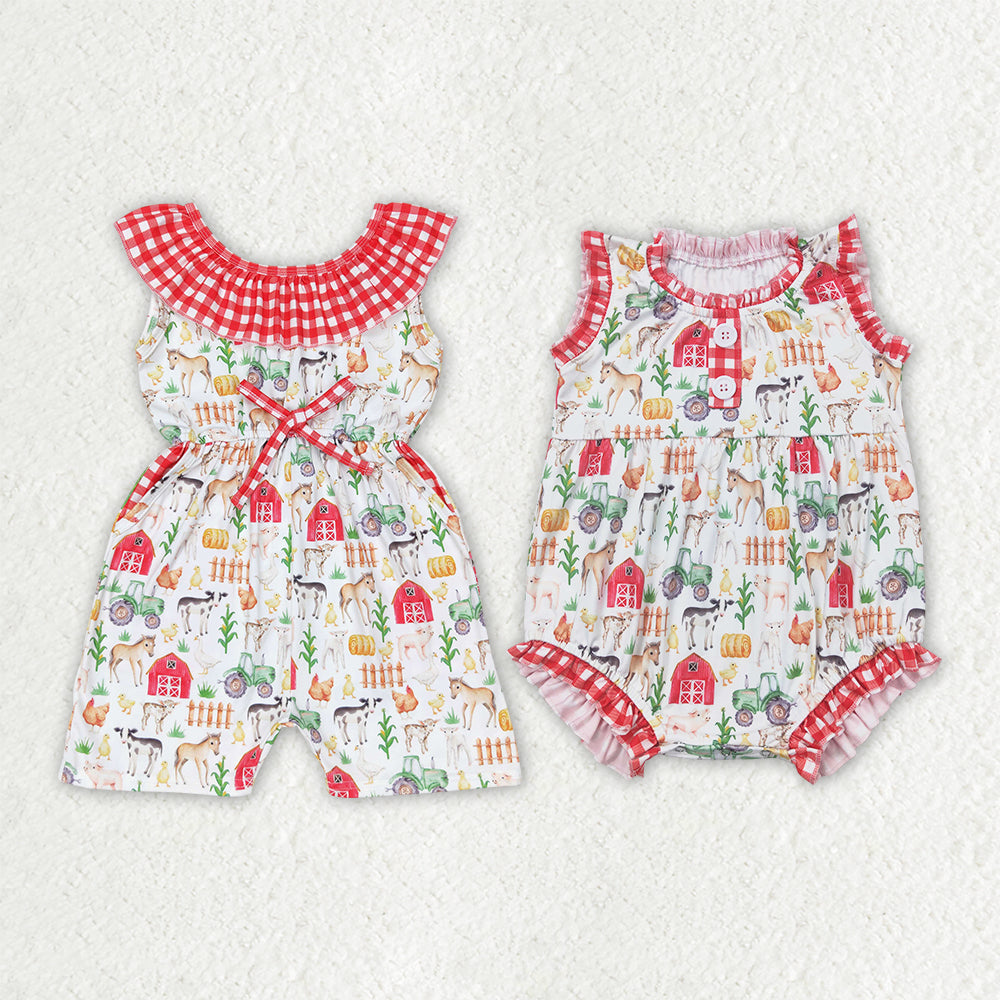 Sibling Baby Girls Red Farm Checkered Summer Rompers Jumpsuits
