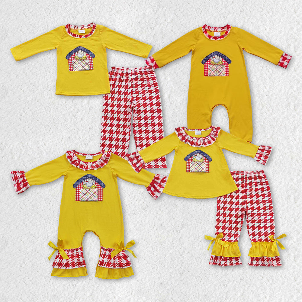 Sibling Embroidery Baby Girls Fall Farm House Boys Rompers Outfits Sets