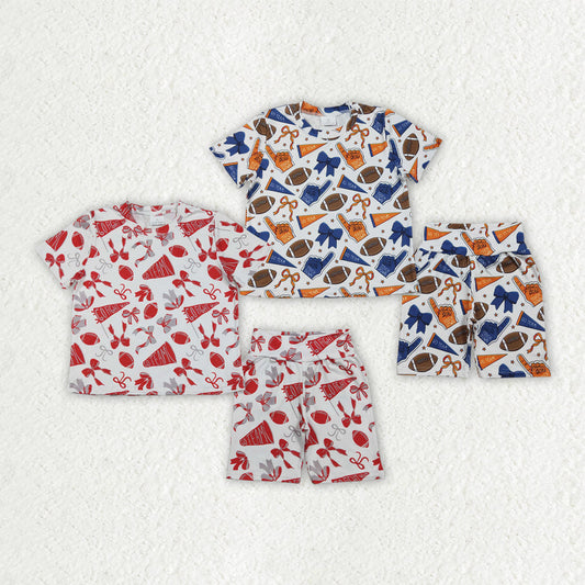 Sibling Baby Girls Short Sleeve Bows Footballs Top Short Go Team Pajamas Clothes Sets