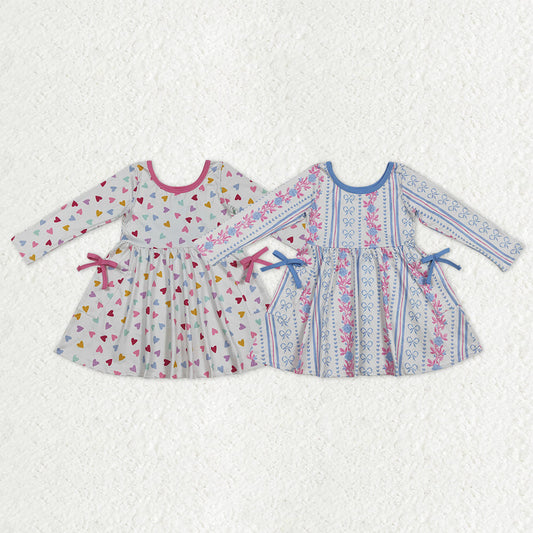 Sibling Baby Girls Colorful Hearts Bows Flowers Pockets Knee Length Dresses